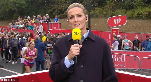 BBC presenter Gabby Logan pauses live coverage of the Great North Run in Tyneside to honor the late Claire Lomas, a bionic suit fundraiser who tragically passed away in Jordan