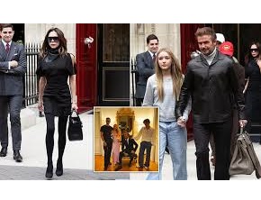 Victoria Beckham exudes elegance in a leggy black dress as the Beckham family heads home from her high-profile Fashion Week in Paris