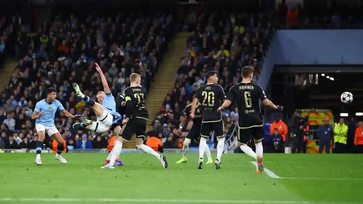 Erling Haaland Stuns Fans with Incredible Acrobatic Back-Heeled Volley that Secures Manchester City’s Dominant 5-0 Victory over Sparta Prague at the Etihad Stadium