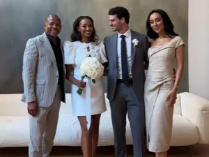 Sarah Langa with Lonwabo Sambudla at a wedding in Paris